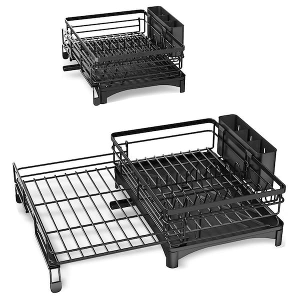 Extendable Large Dish Drying Rack Stainless Steel Drainer with Utensil Holder for Kitchen Counter Black