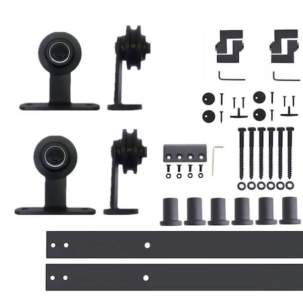 9 ft./108 in. Black Rustic Non-Bypass Sliding Barn Door Hardware Kit T-Shape Design Roller for Double Doors