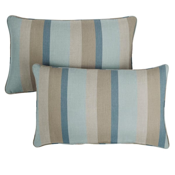 SORRA HOME Sunbrella Blue Taupe Stripe Rectangular Outdoor Corded Lumbar Pillows (2-Pack)