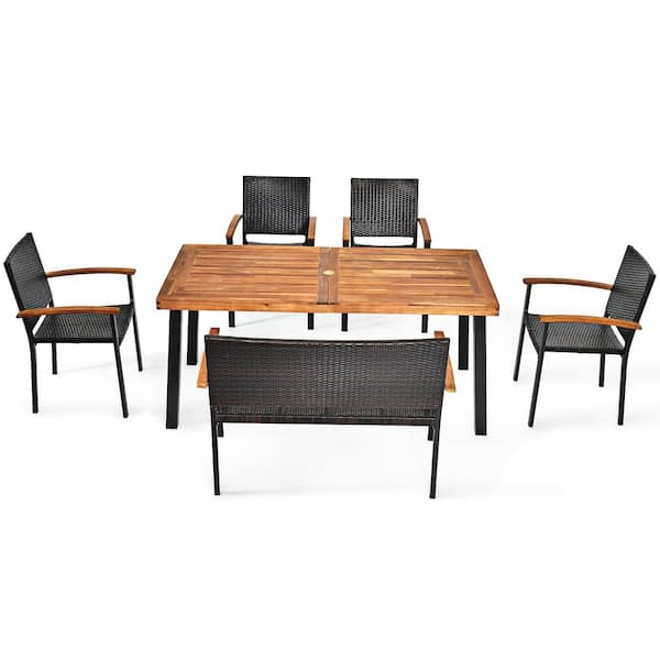 Costway 30 in. Brown 6-Piece Wicker Rectangular Outdoor Dining Set Acacia Wood Chairs Bench Armrest Garden