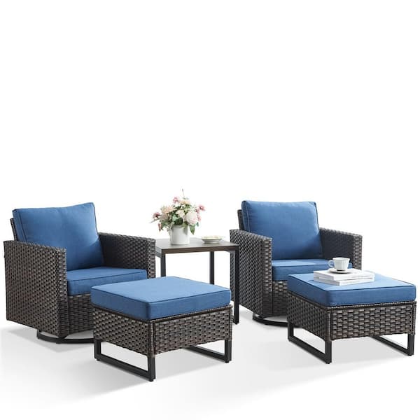 Carlos Blue 5-Piece All-Weather Brown Wicker Patio Conversation Set with Swivel Chairs and Ottomans