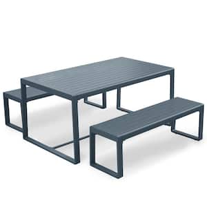 Outdoor 3-Piece Aluminum Rectangular Patio Dining Set with 2 Benches - Black