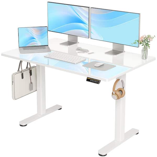 TSPYL 48 in. Ice White Glass Electric Standing Desk with Memory Presets, Adjustable Height for Home Office Use