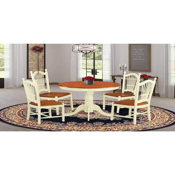 East West Furniture 5-Piece Round Buttermilk and Cherry Finish Solid Wood Top Dining table with 4-Chairs with Lattice Back