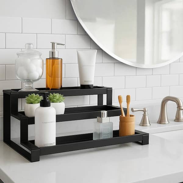 3-Tier Metal Spice Rack Organizer with Expandable for Kitchen Cabinet, Pantry, Jars and Bottles, Black (1-Pack)