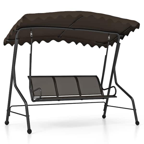 ANGELES HOME 3-Person Metal Porch Swing with Adjustable Shading-Brown