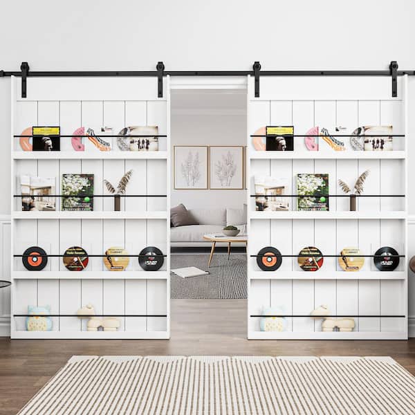 96 in. x 84 in. White Primed Composite MDF Shelves Sliding Barn Door with Hardware Kit and Soft Close