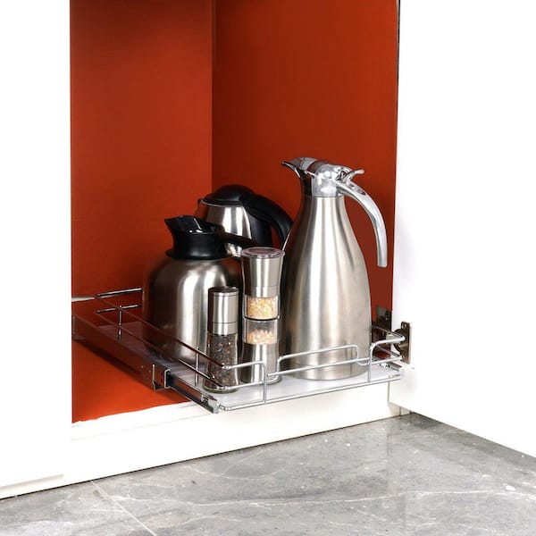 12.5" x 16.5" x 3.5" Silver Slide Out Pantry Organizer, Steel Roll Out Drawers, Sliding Drawer Storage for Under Sink