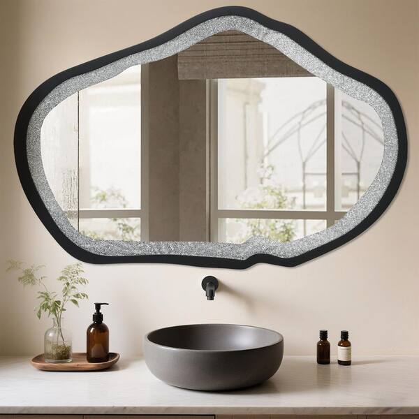 31.9 in. W x 47.2 in. H Black Modern Irregular Oval Wall Mirror with Faux Diamond and Wood Frame for Foyer and Hallway