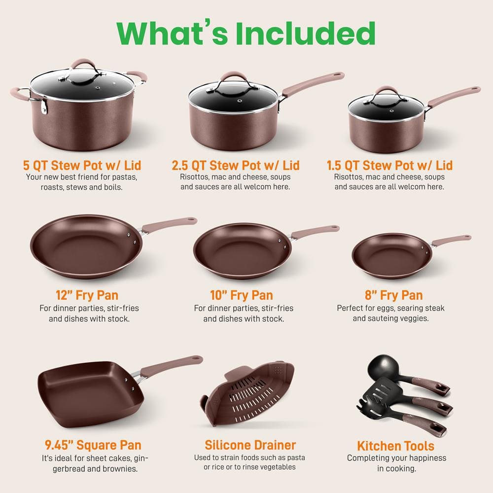 NutriChef 20-Piece Brown Non-Stick Aluminum Cookware Set