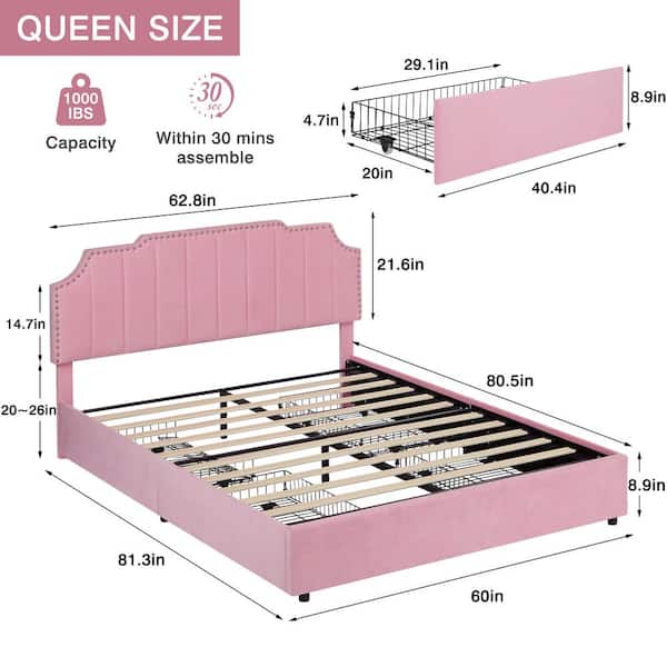 Queen Metal Platform Bed Frame with 4 Storage Drawers and Upholstered Headboard, Pink