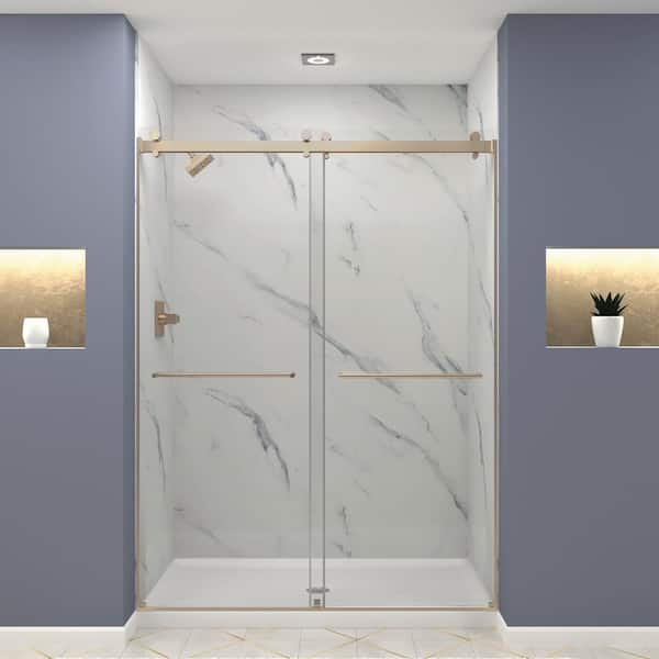 Brooklyn 60 in. W x 80 in. H Sliding Frameless Shower Door in Champagne Bronze with Low Iron Glass