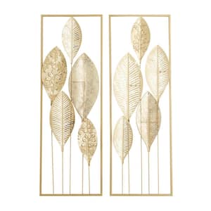 Metal Gold Tall Cut-Out Leaf Wall Decor with Gold Frame (Set of 2)