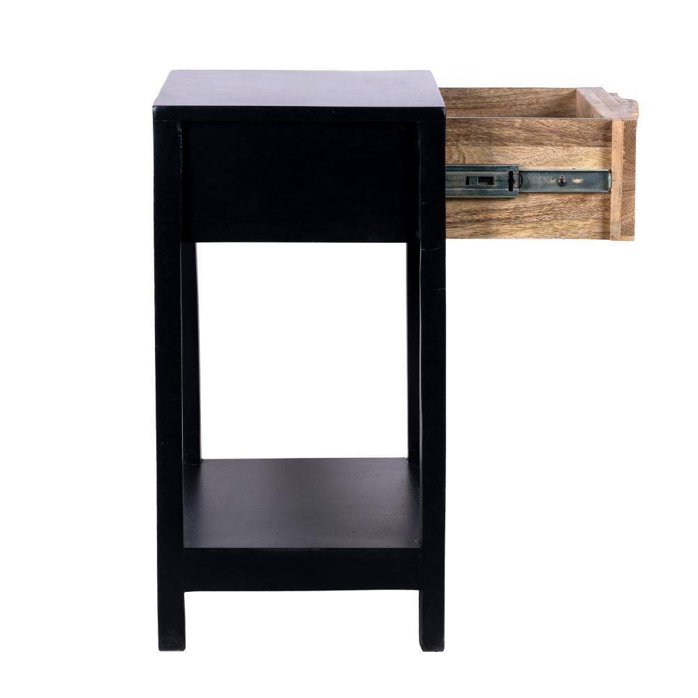 Tia 22 Inch Black Pine Wood Side Table with Rattan Drawer