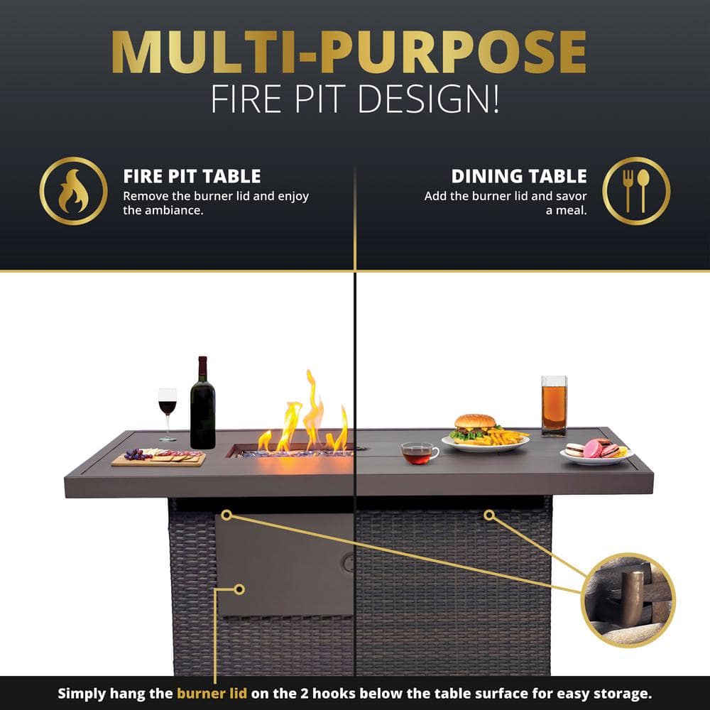 Novi 52-Inch Brown Rattan Gas Fire Pit Table