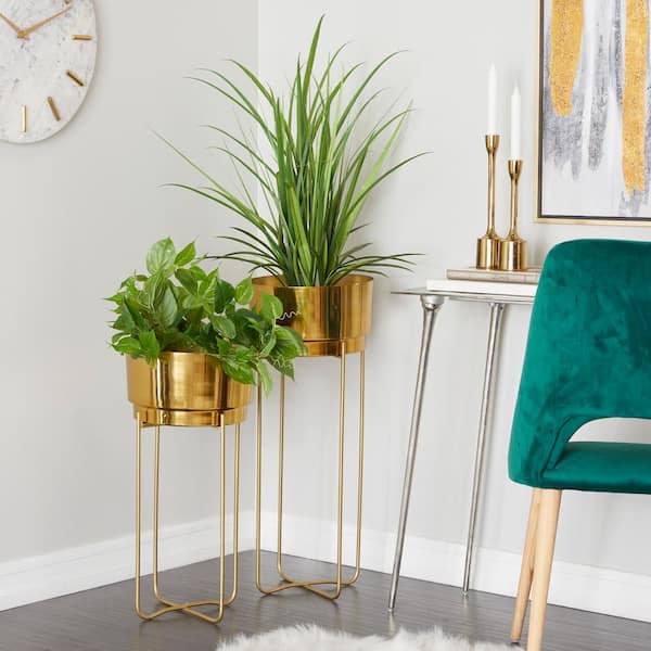 31in. Extra Large Gold Metal Planter with Removable Stand (2- Pack)