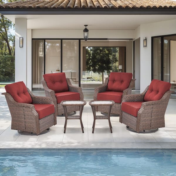 6-Pieces Brown Wicker Outdoor Swivel Rocking Chair Set with CushionGuard Red Cushions
