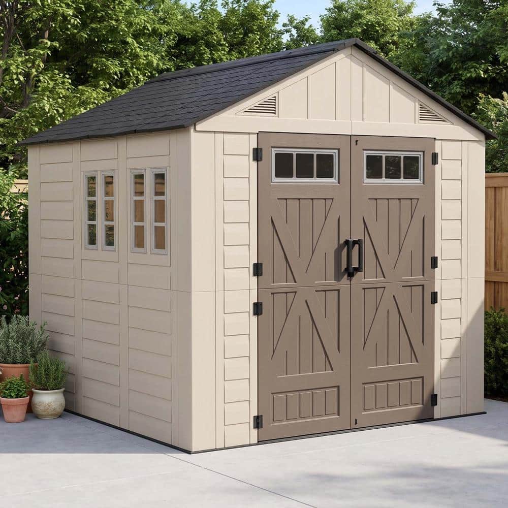 8x8 Ft HDPE Storage Shed w/ Floor, Lockable Doors & Windows for Bikes, Lawn Tools, Pool Supplies & Cushions
