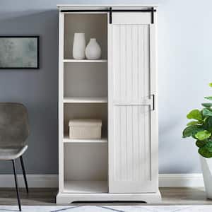 Brushed White Wood and Metal Farmhouse Storage Cabinet with Grooved Sliding Door