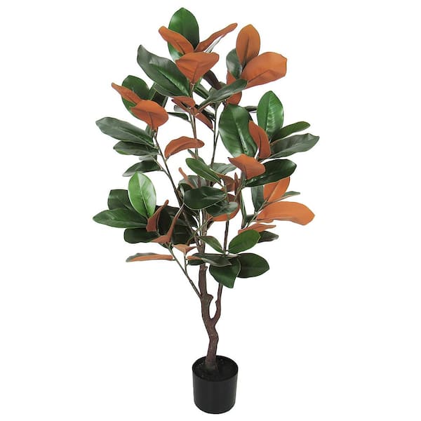 LIVING LUXURY 4 ft. Green Brown Artificial Magnolia Tree Leaf Tree in Pot