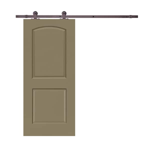 CALHOME 30 in. x 80 in. Olive Green Stained Composite MDF 2-Panel Round Top Interior Sliding Barn Door with Hardware Kit