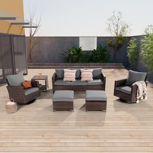 6-Piece Brown Wicker Outdoor Seating Sofa Set with Swivel Rocking Chairs, Gray Cushion