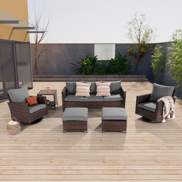 JOYESERY 6-Piece Brown Wicker Outdoor Seating Sofa Set with Swivel Rocking Chairs, Gray Cushion