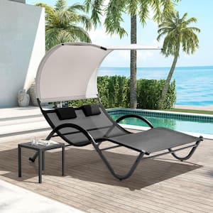 Gray Metal Outdoor Chaise Lounge with Sun Shade Canopy and Wheels
