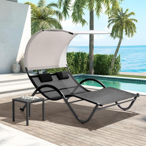 Crestlive Products Gray Metal Outdoor Chaise Lounge with Sun Shade Canopy and Wheels