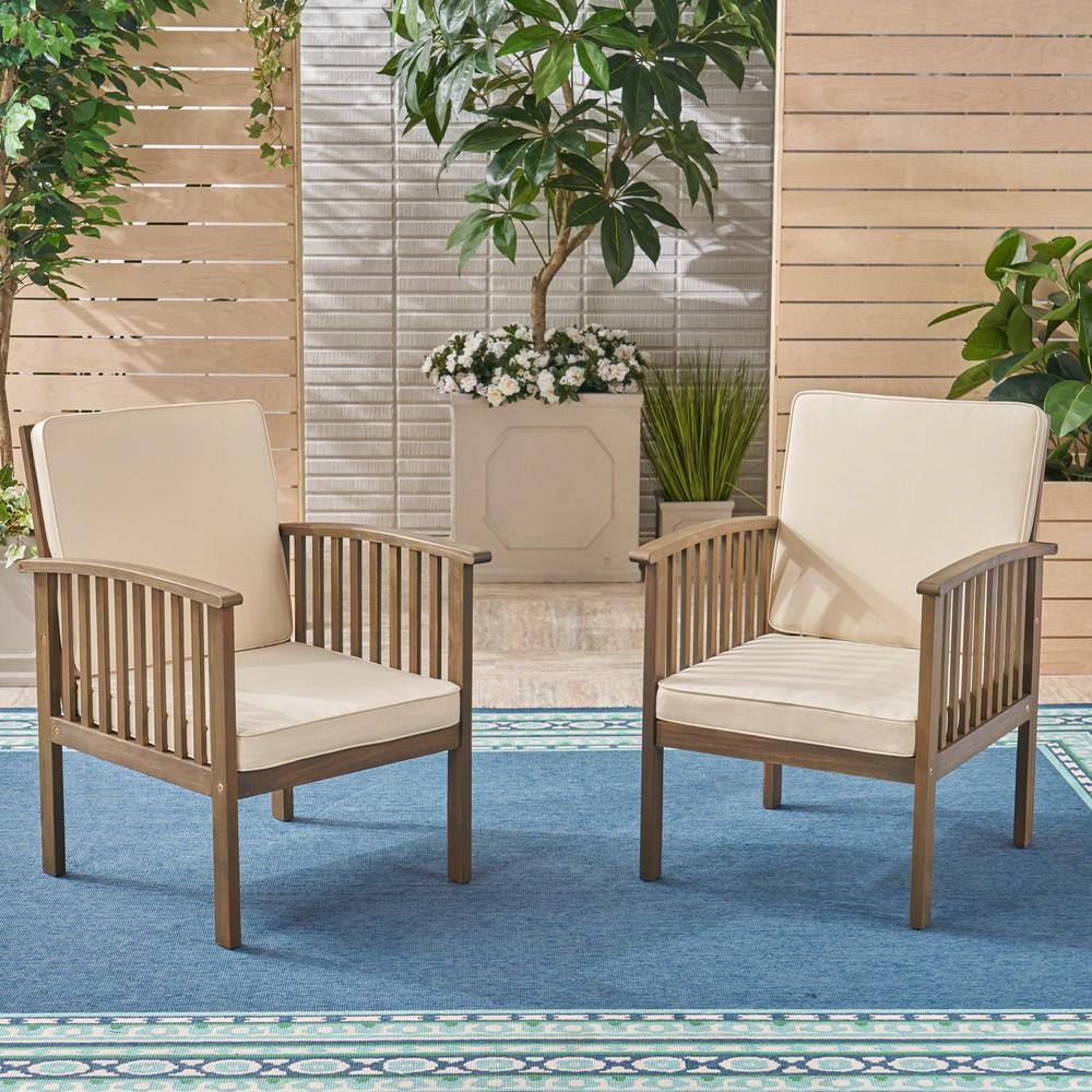Gray Acacia Wood Outdoor Club Chairs with Cream Cushions