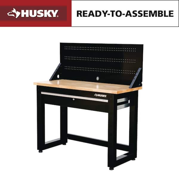 48 in. W x 20 in. D 1-Drawer Black Workbench with Pegboard and Solid Wood Top