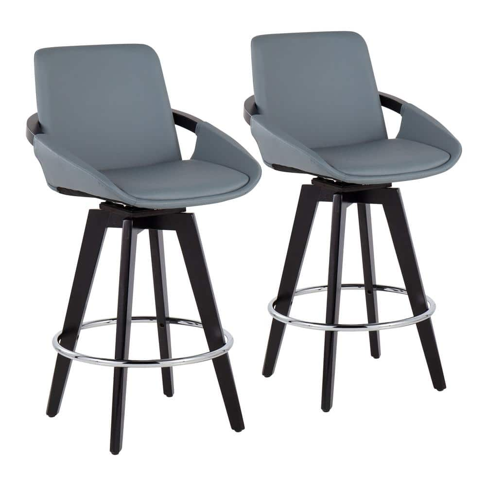 Cosmo 37 in. Grey Faux Leather and Black Wood-Counter Height Bar Stool with Round Chrome Footrest (Set of 2) -  Lumisource, 29529