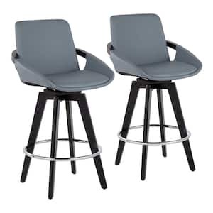 Cosmo 37 in. Grey Faux Leather and Black Wood-Counter Height Bar Stool with Round Chrome Footrest (Set of 2)