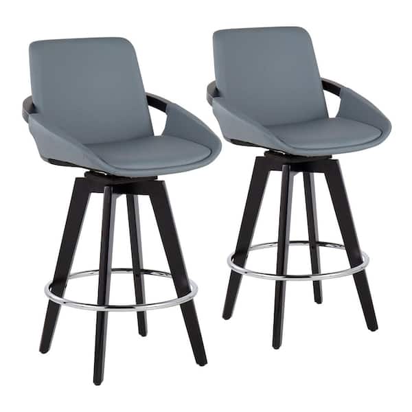 Lumisource Cosmo 37 in. Grey Faux Leather and Black Wood-Counter Height Bar Stool with Round Chrome Footrest (Set of 2)