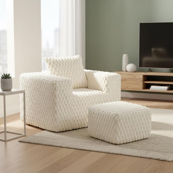 Nztcgs 43 in. Square Arm Rectangle Plush Corduroy Compression Sofa in Linen Beige and Butter White with Ottoman