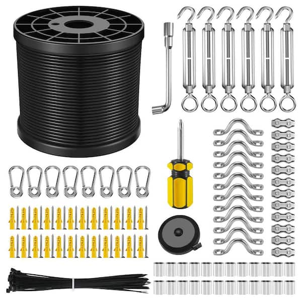 250 Ft Vinyl Coated 304 Stainless Steel Cable String Light Suspension Kit with Turnbuckles and Hooks for Patio Backyard