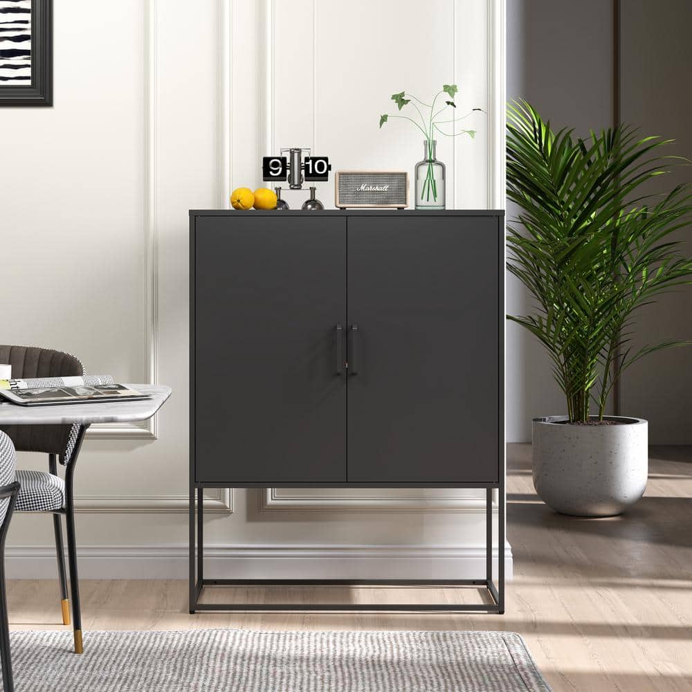 Black Metal Pantry Organizer, with Magnetic Doors and Adjustable Shelves