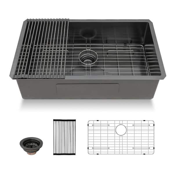 Gunmetal Black 32 in. x 19 in. Single Bowl 16-Gauge Stainless Steel Undermount Kitchen Sink with Bottom Grids