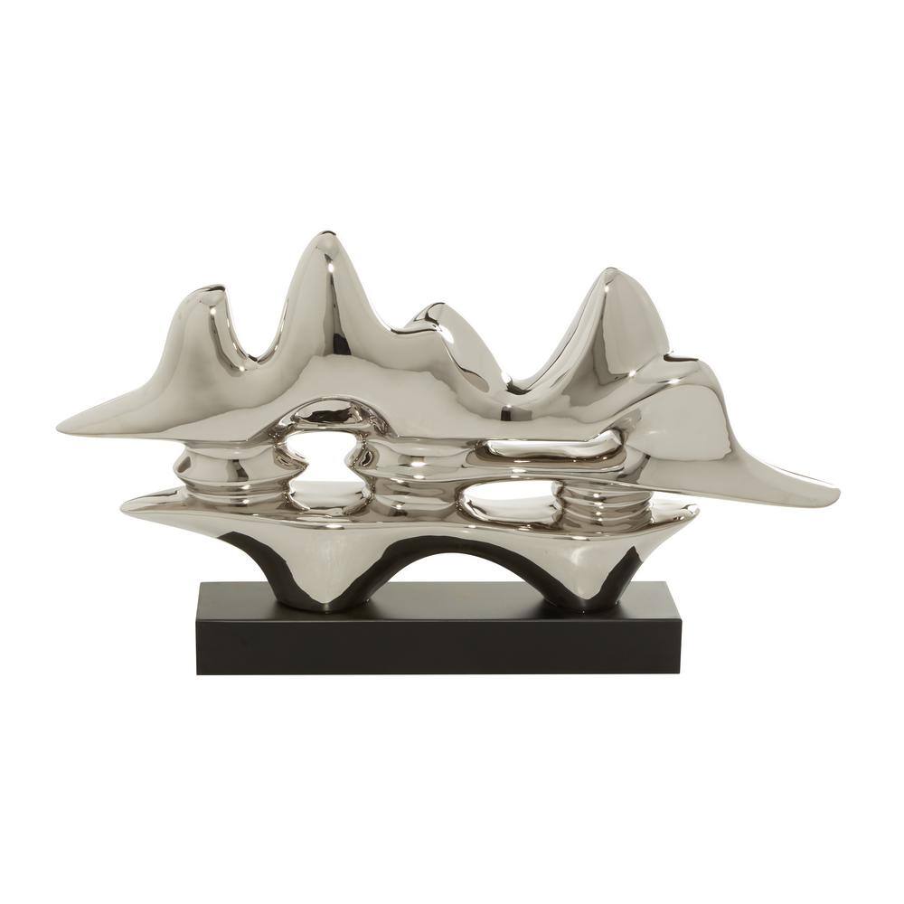 Silver Porcelain Abstract Sculpture with Dark Wood Base