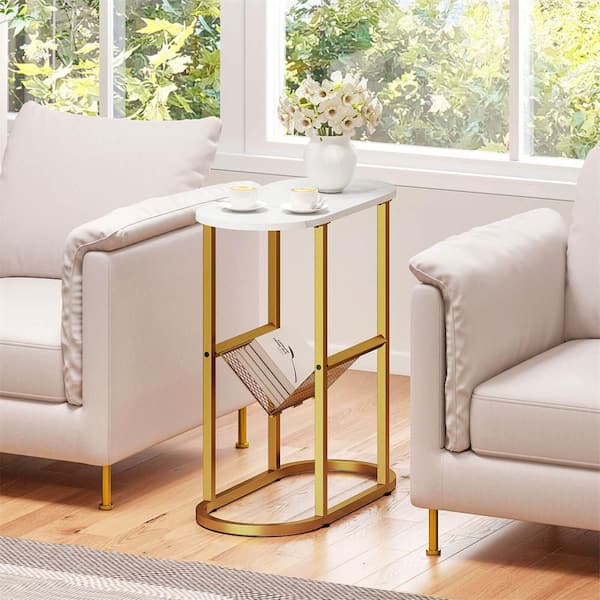 24 in. White and Golden Oval Particle Board End Table with Faux Marble Tabletop & Magazine Holder Heavy-duty Metal Frame
