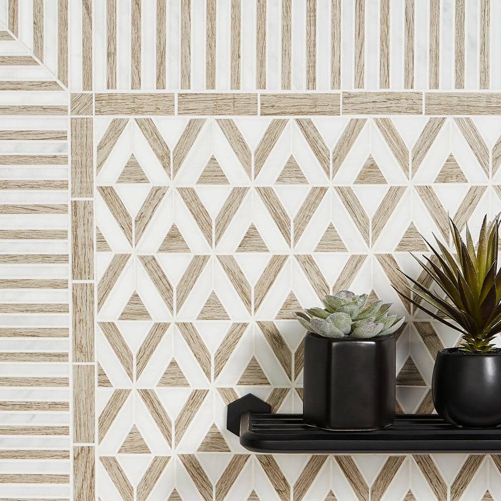 Wooden Beige and White Geometric Marble Mosaic Tile Sheet