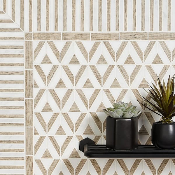 Florey Triangle Asian Statuary and Wooden Beige 6.81 in. x 7.83 in. Polished Marble Mosaic Tile (0.37 sq. ft. /Each)