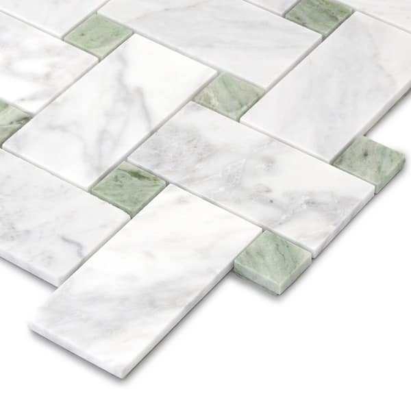 Basketweave Carrara White and Green 12 in. x 12 in. Honed Marble Floor and Wall Mosaic Tile (4.84 sq. ft. /Case)