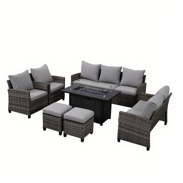 JUSKYS Modern 7-Piece Patio Furniture Set Gray Wicker Couch Conversation Set w/Moon-Gray Cushions,Ottomans, 43in. Firepit table