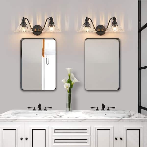 20 in. 2-Light Vintage Black Bathroom Wall Sconce with Glass Lampshade, Elegant Metal Vanity Light (Bulb Not Included)