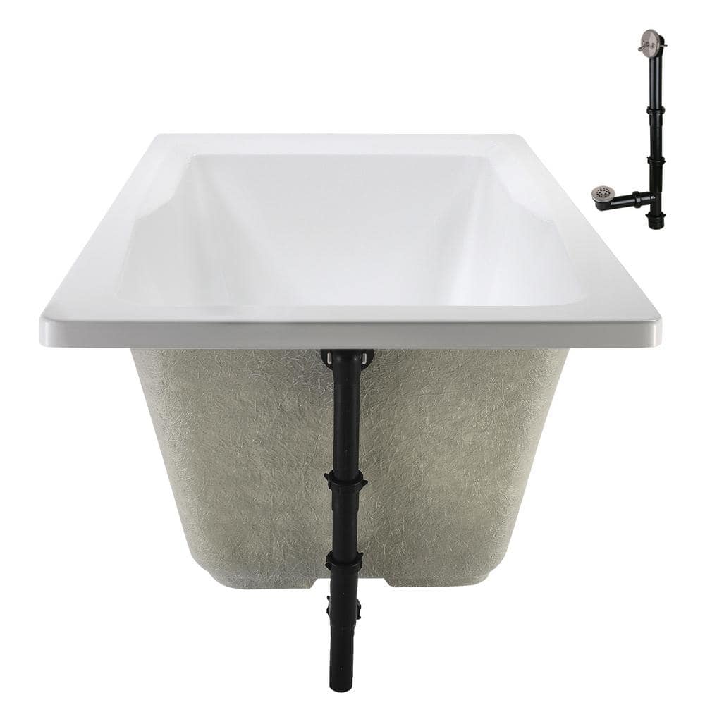 66'' Glossy White Acrylic Soaking Drop-In Bathtub with Brushed Nickel Drain