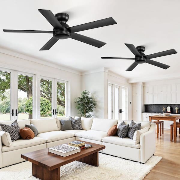 2-Pack 48 in. Indoor Matte Black FLush Mount 6 Speeds Low Profile Ceiling Fan No Lights with Remote Control for Bedrooms