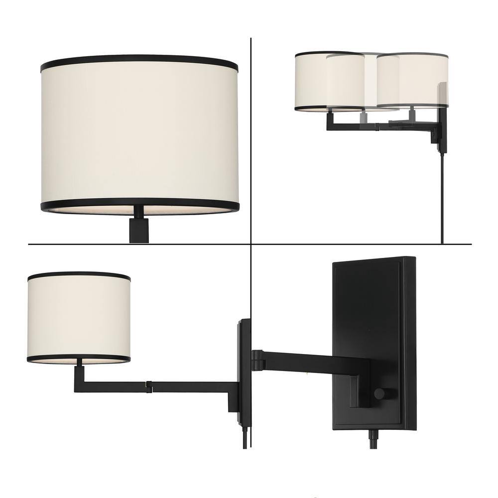 Matte Black Iron Swing Arm Wall Sconce with Silk Shade