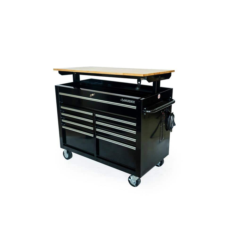 46 in. x 25 in. D 9-Drawer Mobile Workbench with Adjustable Height Wood Top