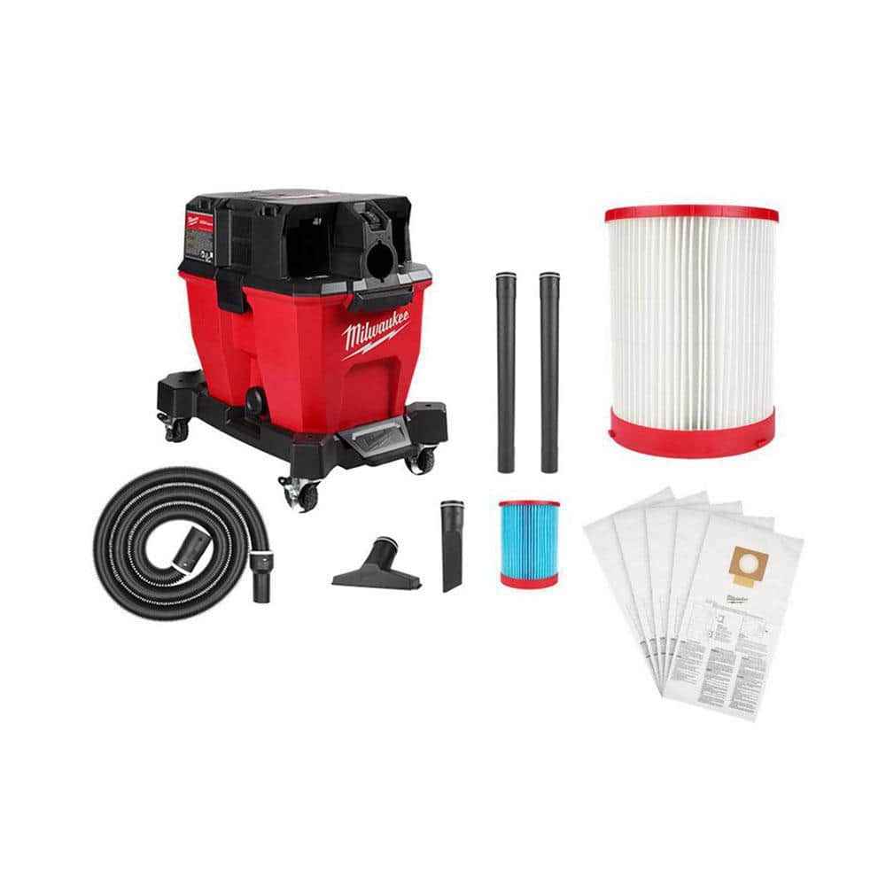 Milwaukee M18 FUEL 9 Gal. Cordless Dual-Battery Wet/Dry Shop Vacuum with HE Filter, HEPA Filter and (5-Pack) Fleece Dust Bags